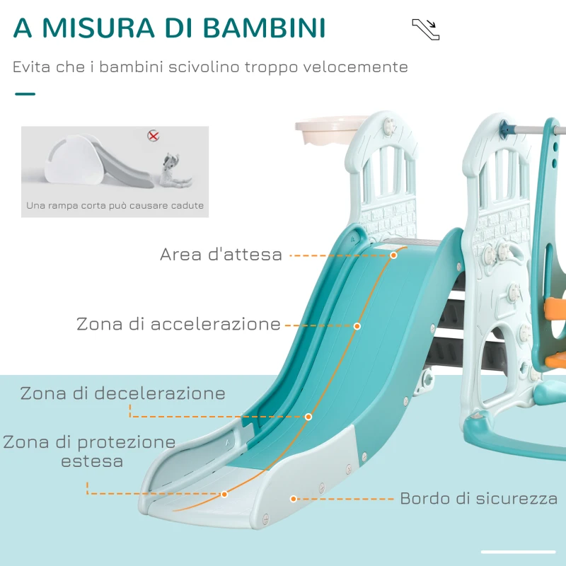HOMCOM Scivolo 3 in 1 per Bambini con Altalena Regolabile, Canestro e Palle per Cameretta e Giardino, 149x186x98cm, Blu e Arancione
