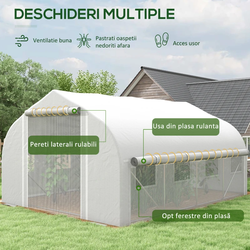 Outsunny Sera Cabina 4 x 3 m, Pereti Laterali Rulabili cu Fermoar, Usa cu Plasa, 8 Ferestre cu Plasa, Cort Tunel de Sera(m-4)
