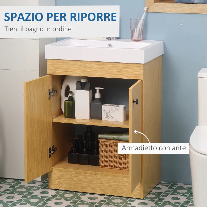 kleankin Mobile Bagno sotto Lavabo in Truciolato con Ripiani Regolabili e Lavello Curvo, 60x41.5x88 cm
