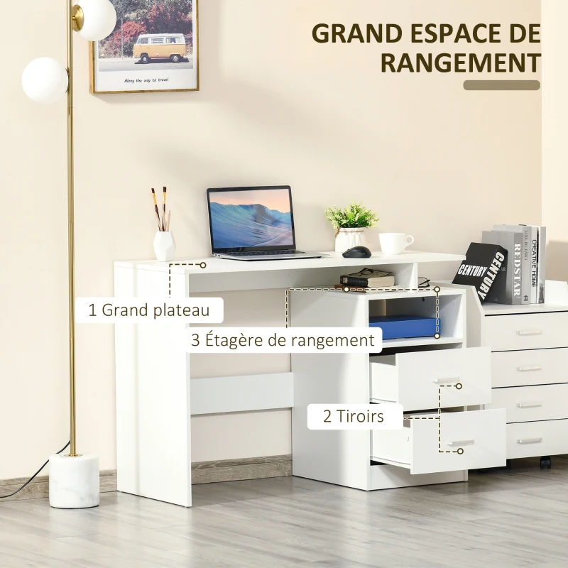 HOMCOM Bureau Informatique 2 tiroirs coulissants 3 étagères dim. 108L x 48l x 76H cm Panneaux Particules MDF Blanc