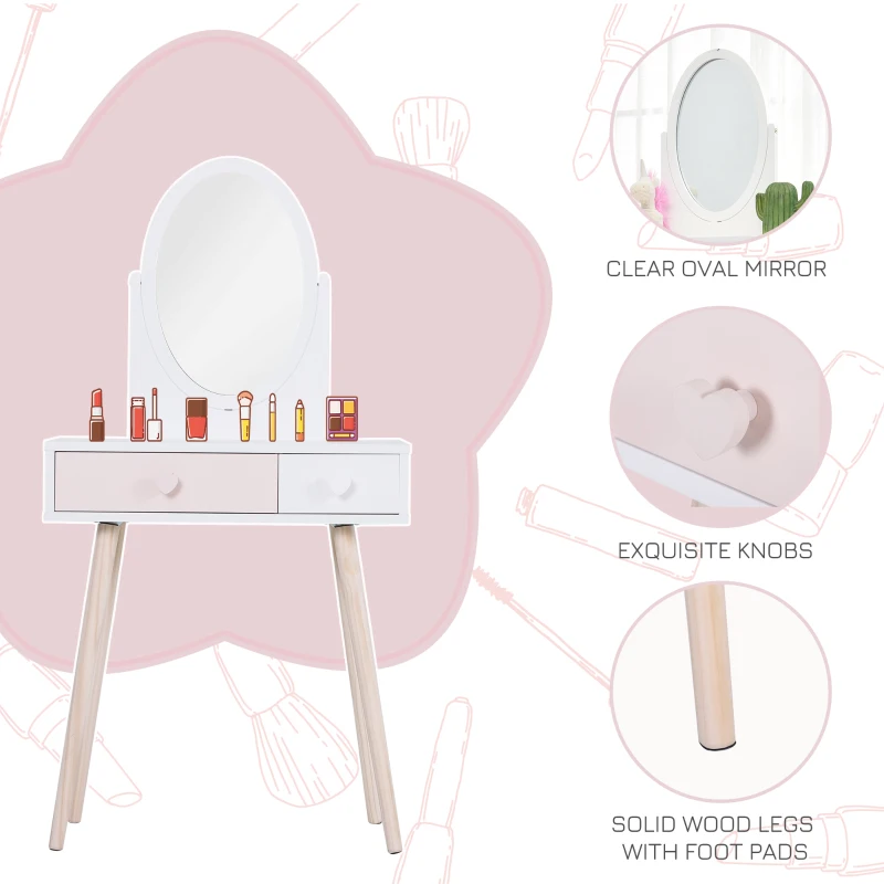 HOMCOM Kids Dressing Table w/ Mirror 2-Drawer Cute Heart Handles Bedroom Play Room Storage Elegant Wood Legs -White&Pink