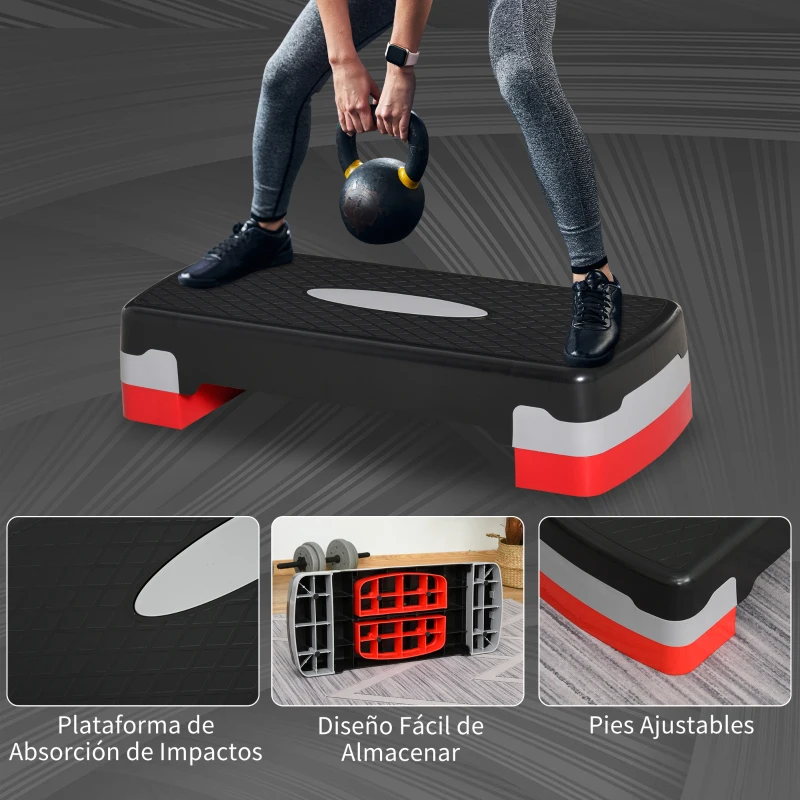 HOMCOM Step para Fitness Stepper Aeróbic Step de Aeróbic Antideslizante con Altura Regulable 2 Niveles de 10/15 cm Carga 150 kg para Ejercicio en Casa Gimnasio 68x29x15 cm Negro y Rojo