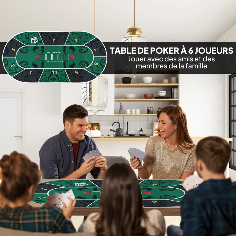 SPORTNOW Tapis de poker dessus de table de poker jusqu'à 6 joueurs sac de transport antidérapant 120 x 60 x 0,2 cm vert et noir