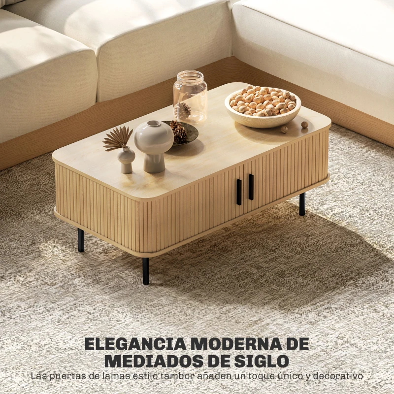 HOMCOM Mesa de Centro con 2 Puertas Tipo Persiana 2 Compartimientos y Patas de Acero para Sala de Estar 100x55x40 cm Roble