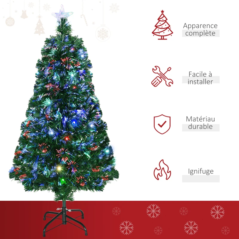 HOMCOM Sapin de Noël Artificiel Lumineux 120H cm Fibre Optique LED Multicolore + Support Pied 130 Branches étoile Sommet Brillante Vert