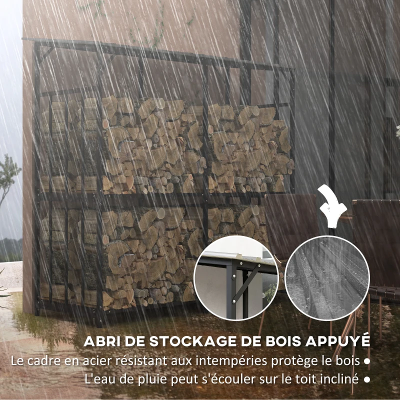 Outsunny Abri à bois en acier galvanisé à 2 niveaux, rack de rangement pour bûches avec toit métal, 186 x 75 x 185 cm