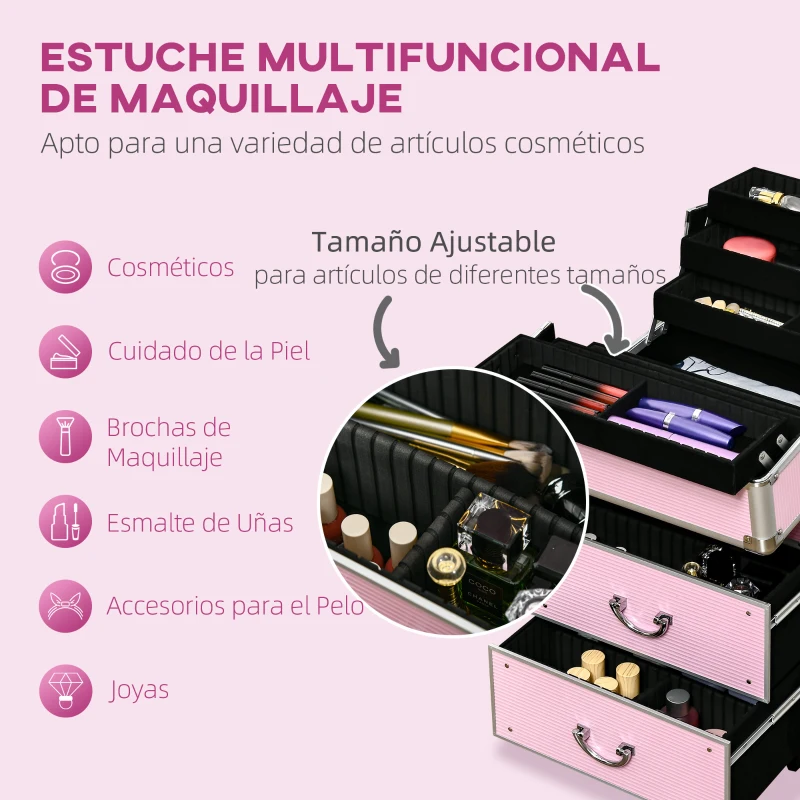 HOMCOM Maleta de Maquillaje Profesional Estuche para Cosmética con 6 Cajones Extensibles y Cierre Llave 36x23x58cm Rosa