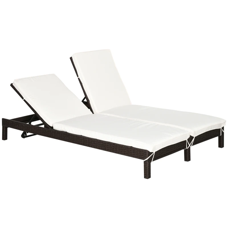 Outsunny Lettino Prendisole a 2 Posti, Sdraio in Acciaio e Rattan, Schienale Regolabile, 196 x 120 x 28cm Marrone e Bianco Crema