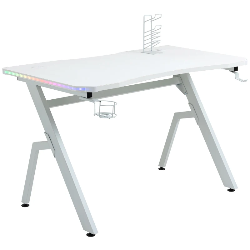 HOMCOM RGB 120 x 66cm Gaming Desk, Computer Table with Carbon Fibre Surface, Headphone Hook, Cup Holder, Controller Rack, Home Office Desk, White