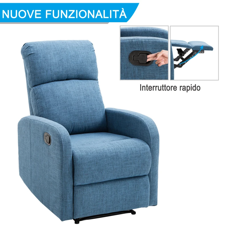 HOMCOM Poltrona Relax Reclinabile Manuale con Poggiapiedi Portata 125kg Tessuto di Lino 67 × 83 × 107cm Blu