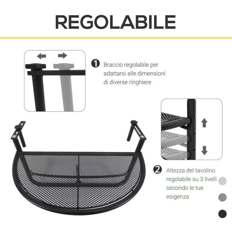 Outsunny Tavolino da Ringhiera Pieghevole con 3 Altezze Regolabili in Metallo, 60x45x50cm, Nero
