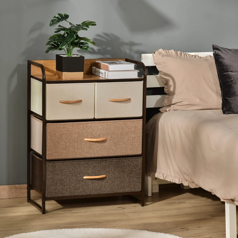 HOMCOM Mobile Cassettiera da Camera da Letto e Soggiorno, Cassettiera con 4 Cassetti Pieghevoli in Tessuto e Ripiano in MDF, 58x29x78.5cm, Multicolore