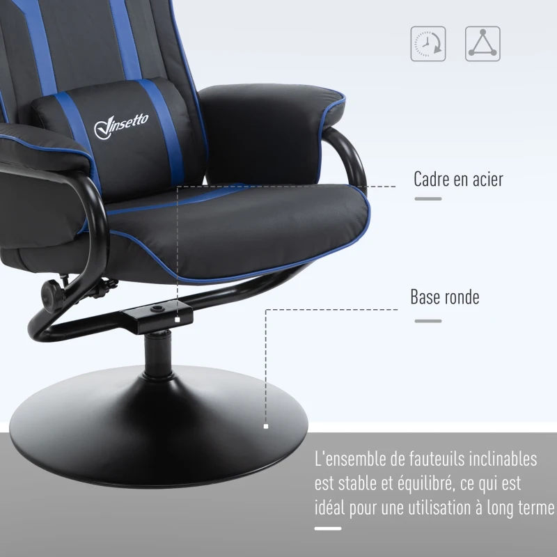 Vinsetto Fauteuil gaming inclinable pivotant avec repose-pieds appui-tête coussin lombaire revêtement synthétique bleu