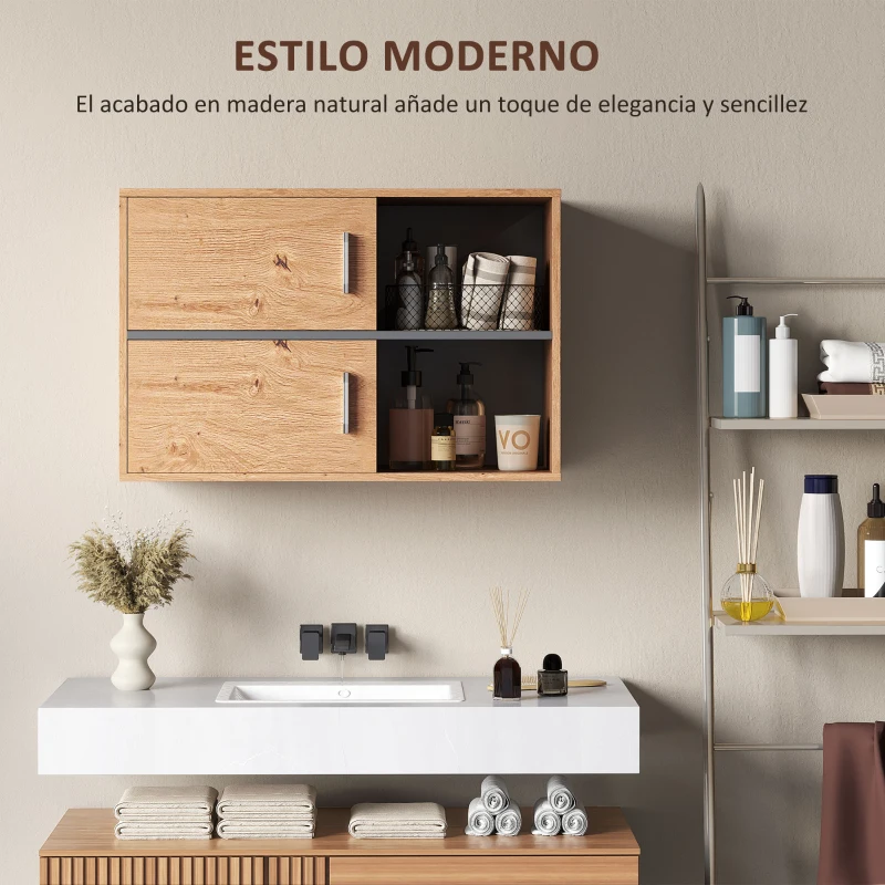 HOMCOM Armario de Baño de Pared con Compartimentos Abiertos y 2 Puertas Mueble de Baño Moderno 80x35x57,5 cm Natural