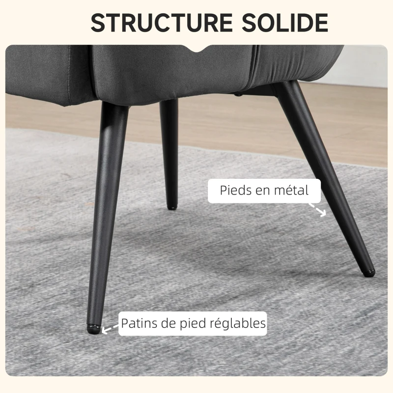 HOMCOM Fauteuil relax avec repose-pieds assorti style scandinave piètement métal noir revêtement aspect velours - gris