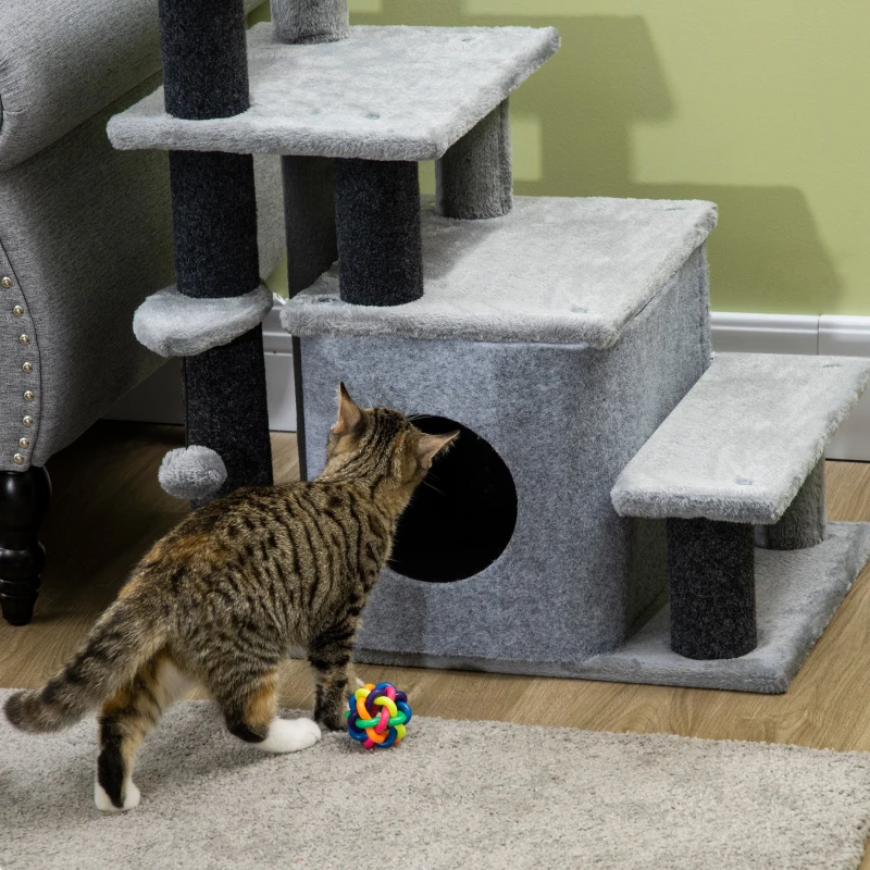 PawHut Escalera para Gatos de 4 Peldaños Escalón para Mascotas Ajustable con Cueva y Bola Colgante 60x40x66 cm Gris