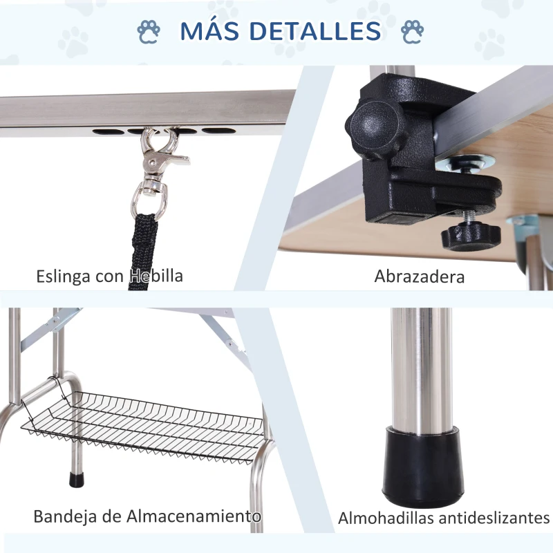 PawHut Mesa de Peluquería para Mascotas Mesa de Aseo Plegable con Estante de Almacenamiento Estructura Acero Altura Ajustable 107x60x170 cm