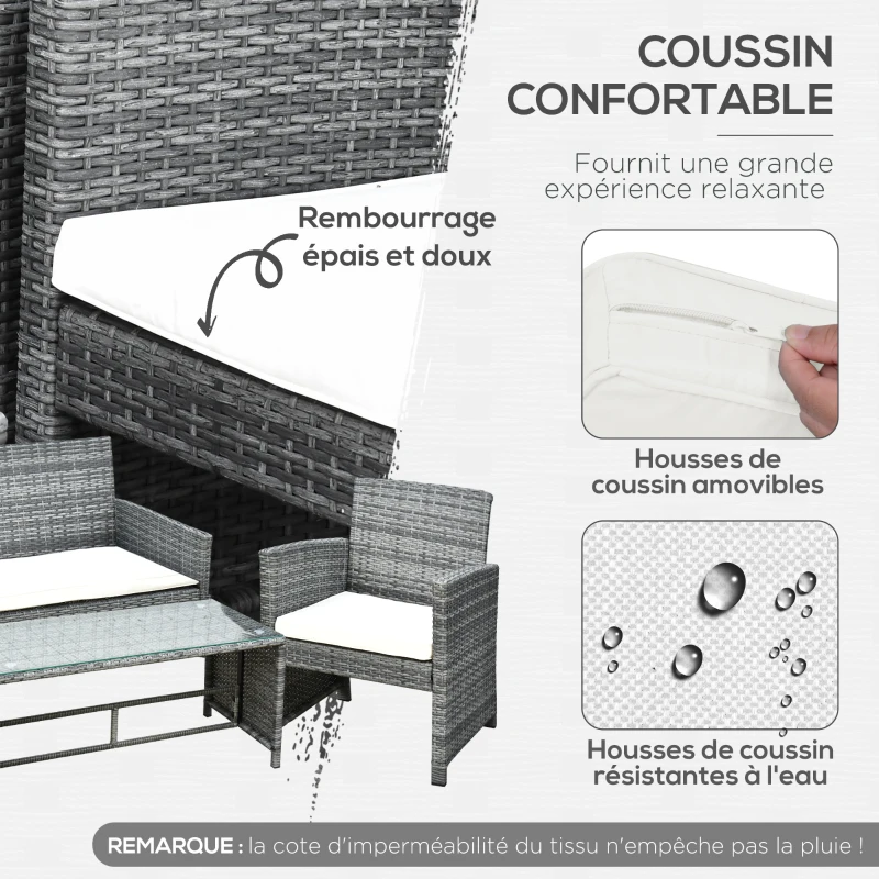 Outsunny Ensemble Salon de Jardin 4 Places : canapé, 2 fauteuils et Table Basse Plateau Verre trempé résine tressée Imitation rotin Gris Coussins Crème