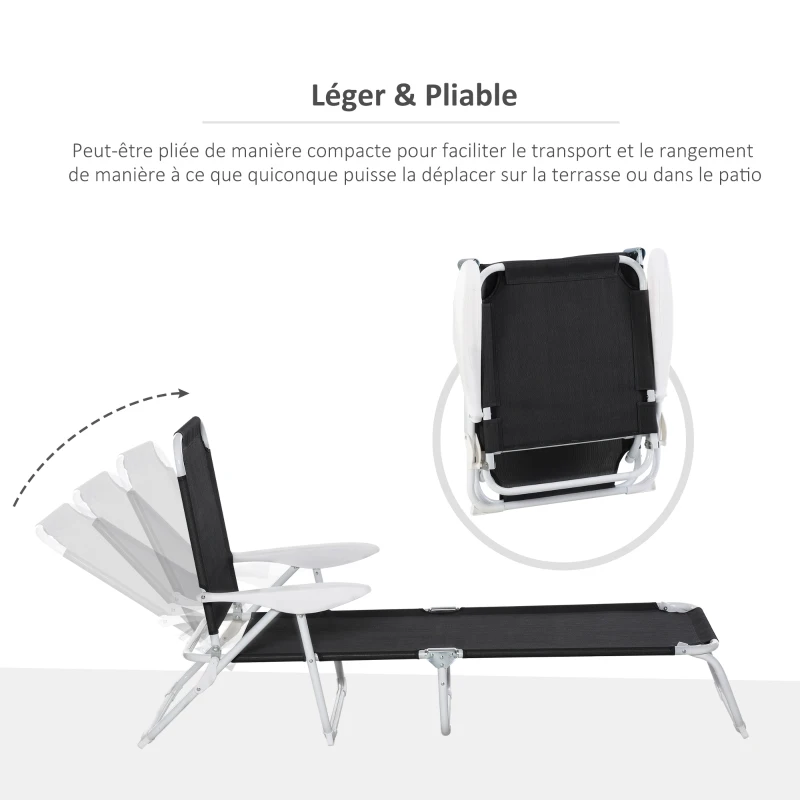 Outsunny Bain de Soleil Pliable - transat inclinable 4 Positions - Chaise Longue Grand Confort avec accoudoirs - métal époxy textilène - dim. 186L x 66l x 80H cm - Noir