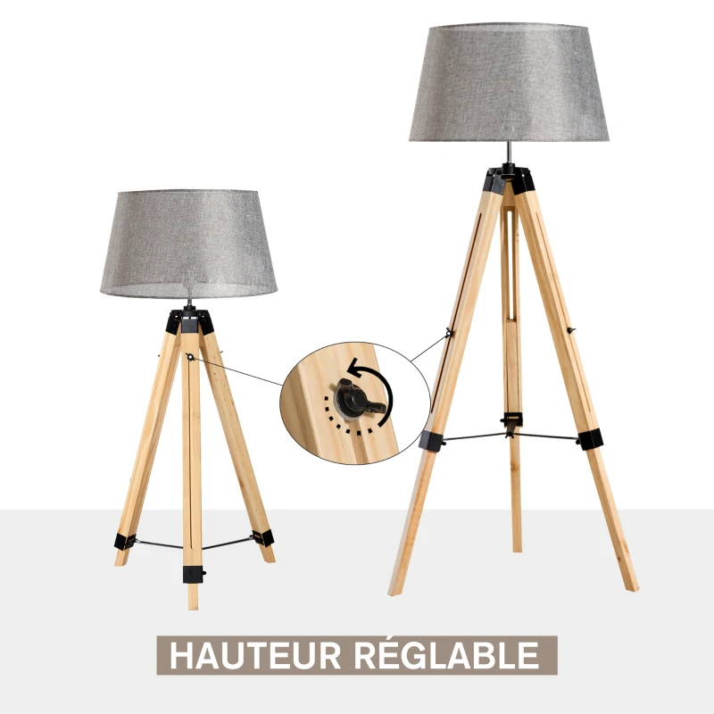 HOMCOM Lampadaire trépied hauteur réglable  65 x 65 x 99-143 cm lampe de sol 40 W bois style nordique gris