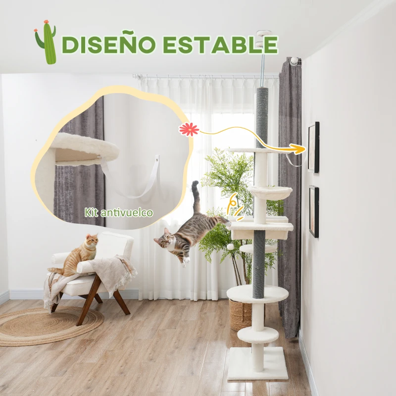 PawHut Árbol para Gatos de Suelo a Techo 225-255 cm con Hamacas Plataformas Juguete de Cuerda Bola de Juguete Crema y Gris