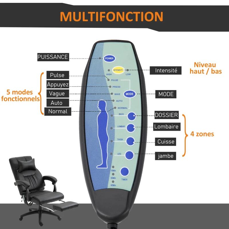 Vinsetto Fauteuil de bureau manager massant repose-pied + tétière intégrés dossier inclinable hauteur réglable 68 x 79 x 104-112 cm noir