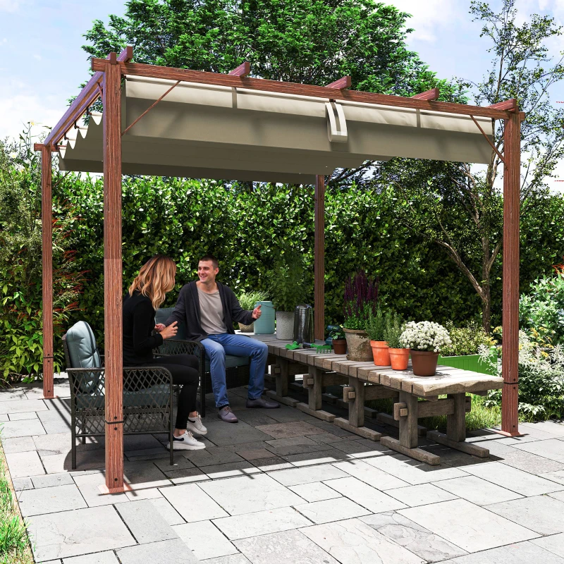 Outsunny 3 x 3 m Garten-Pergola, Verstellbares Terrassendach, Aluminium-Rahmen, UPF30+ Sonnenschutz, Naturholz(m-7)