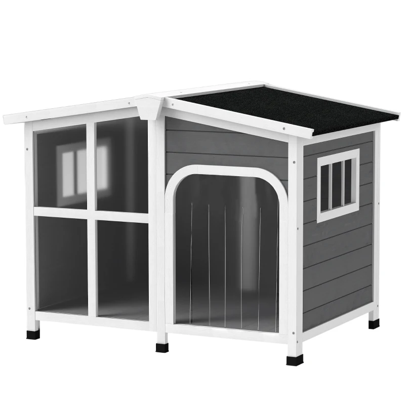 PawHut Wooden Dog Kennel with Removable Floor, Asphalt and Openable Roof, Giant Window for Large Dogs, Charcoal Grey