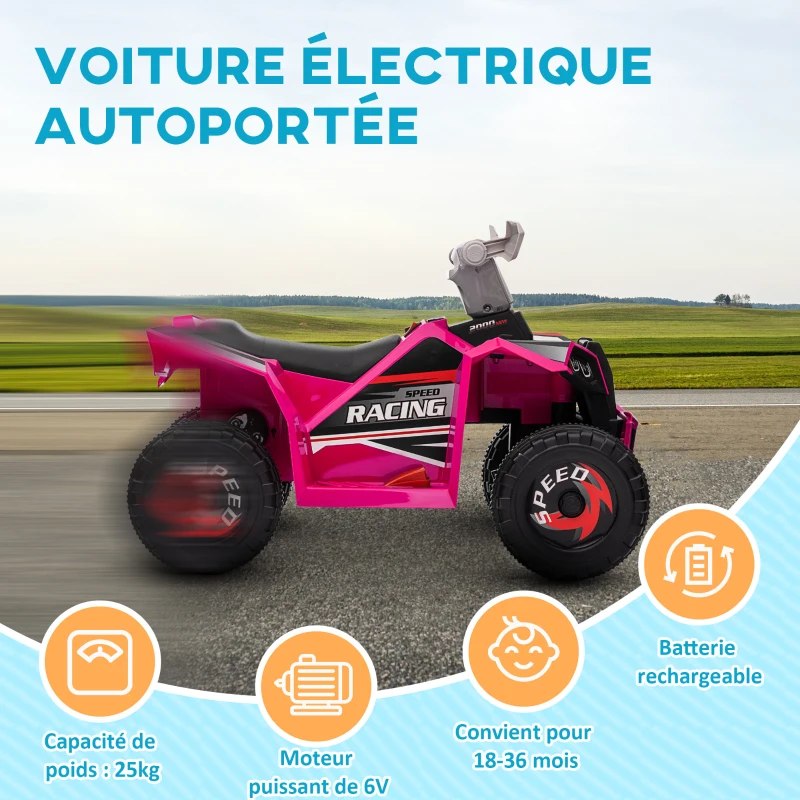 HOMCOM Quad électrique pour enfants véhicule à batterie 6V avec marche avant et arrière 70L x 41,5l x 48,5H cm Rose