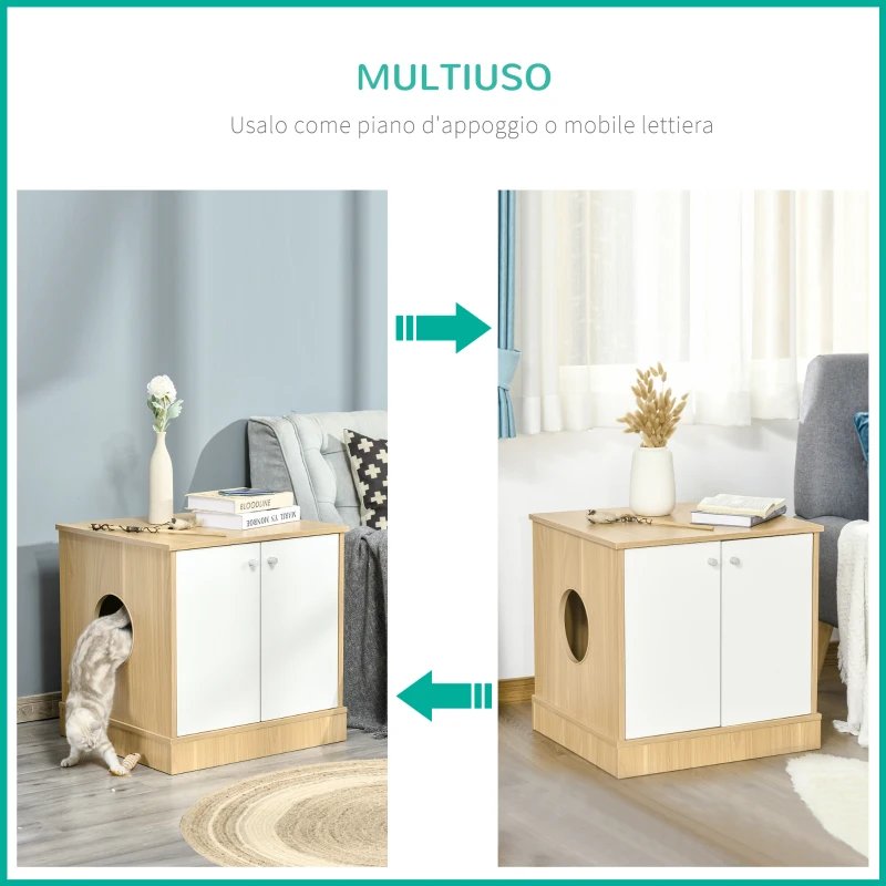 PawHut Mobile Lettiera per Gatti con 2 Ante e Ripiano Interno Estraibile, 60x55x62.5cm - Bianco e Legno