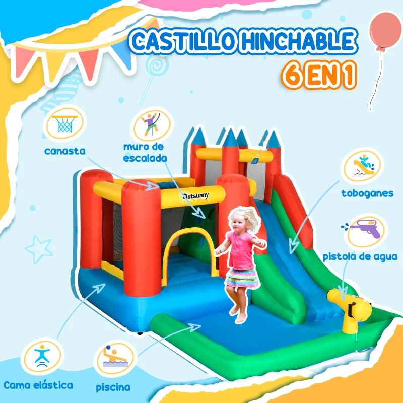 Outsunny Castillo Inflable para Niños +3 Años con Tobogán Trampolín Piscina y Bolsa de Transporte 330x245x215 cm Multicolor