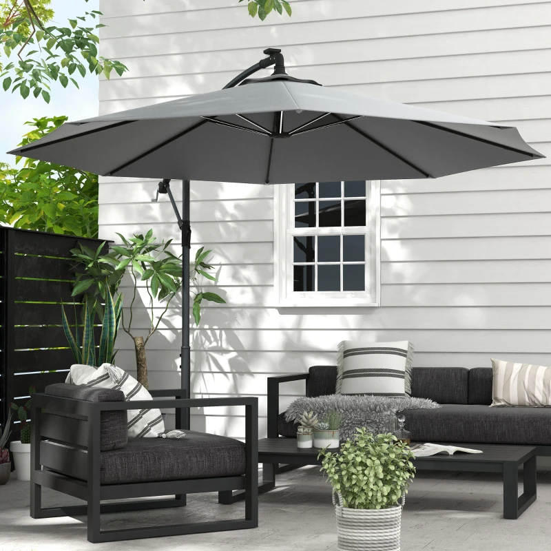 Outsunny 3(m) Cantilever Parasol with Solar LED Lights, Garden Umbrella with Cross Base and Crank Handle, Hanging Offset Banana Sun Shade for Outdoor, Patio, Grey