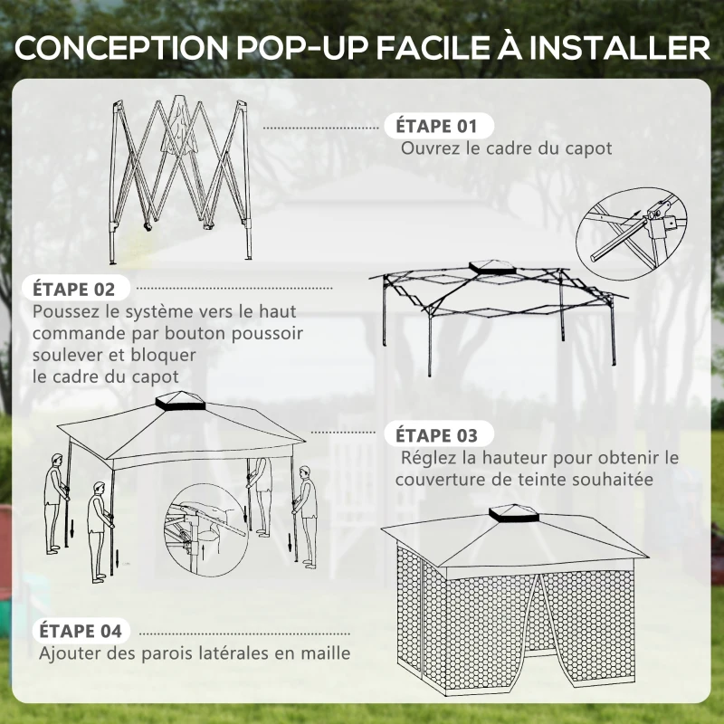 Outsunny Tonnelle de jardin pop-up pliant 3 x 3 m métal polyester imperméabilisé anti UV moustiquaires sac de transport crème
