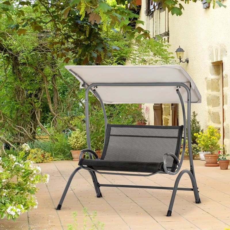 Outsunny 2 Seater Garden Swing Seat Double Bed Swing Chair Outdoor Hammock Bench w/ Adjustable Tilting Canopy, Texteline Seats and Steel Frame, Beige