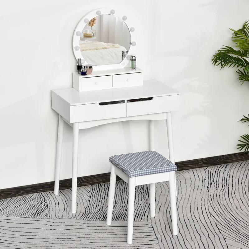 HOMCOM Dressing Table Set with LED with Table Stool Table Stool Set Makeup Dresser Desk with 4 Drawers for Bedroom White