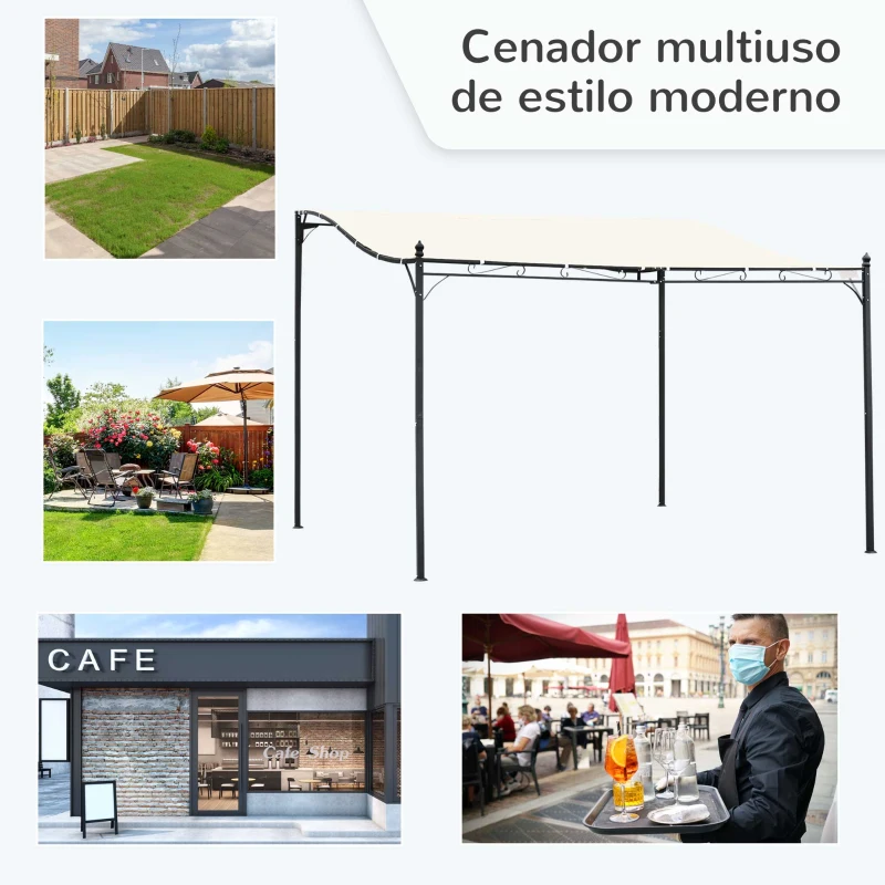 Outsunny  Cenador de Jardín 4x3 m Pérgola Montado en Pared con Toldo y 16 Orificios de Drenaje Marco de Metal y Poliéster 180 g/m² para Patio Terraza Crema