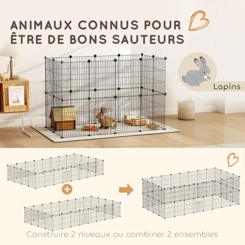 PawHut Enclos pour animaux parc pour petits animaux modulable 24 panneaux pour lapins grillagés en acier 120 x 60 x 80 cm noir