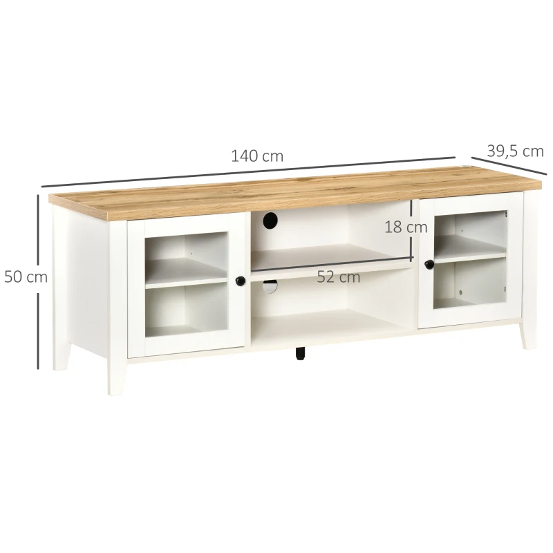 HOMCOM Meuble banc TV rangement avec 2 portes et 2 niches 140 x 39,5 x 50 cm - passe-câbles - en MDF - blanc