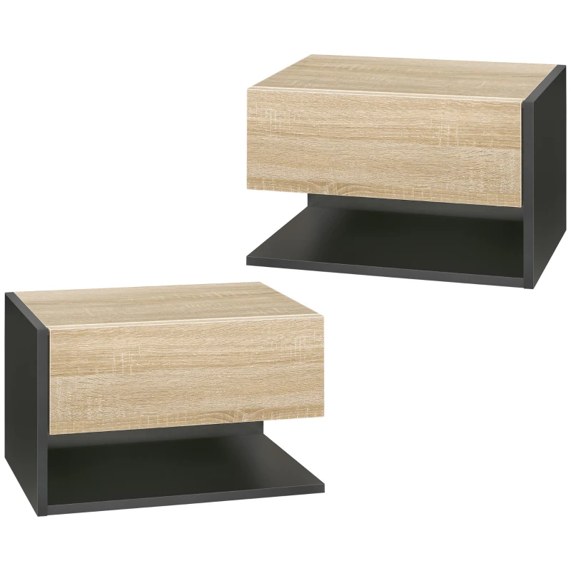 HOMCOM Juego de 2 Mesitas de Noche Flotantes Mesitas de Noche Colgantes con 1 Cajón y Estante Abierto 46x30x30cm Roble y Negro