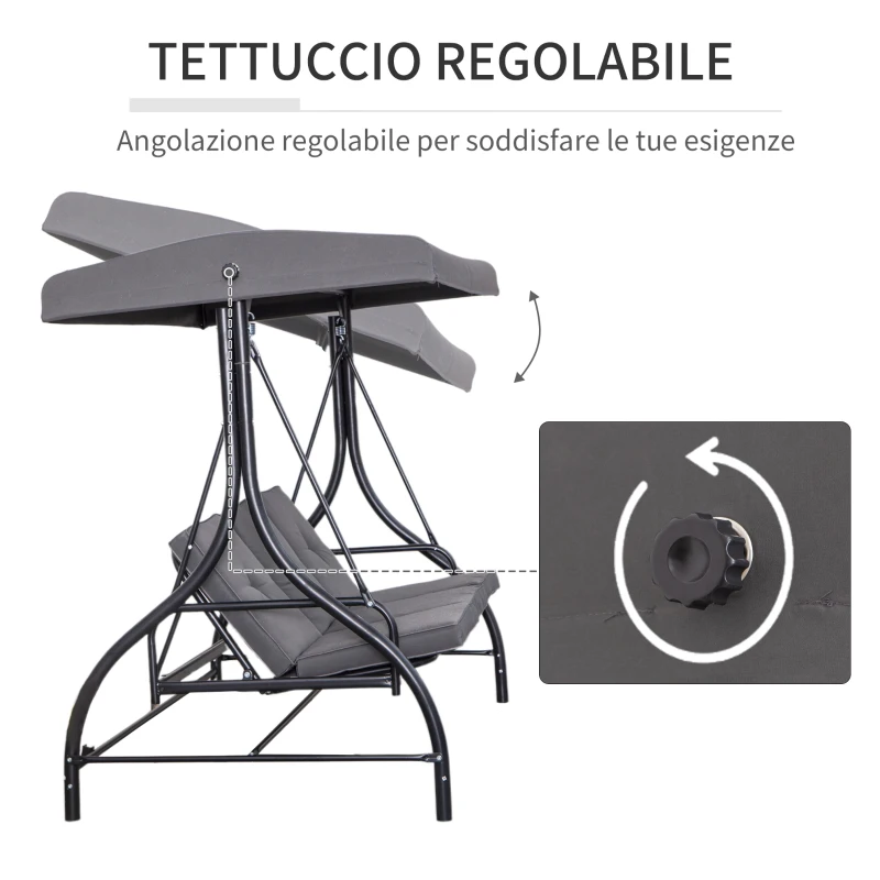 Outsunny Outusunny Dondolo Letto da Giardino 3 Posti con Tettuccio Regolabile, Metallo e Poliestere, Grigio