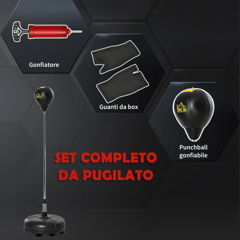 HOMCOM Sacco da Boxe ad Altezza Regolabile, Guanti Inclusi, in PE e Metallo, 45x45x133-151cm, Oro