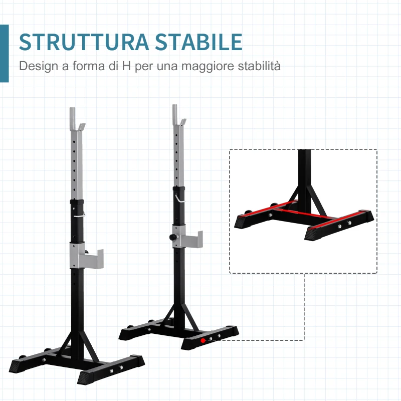 HOMCOM Set 2 Rack Porta Bilanciere in Acciaio, 2 Ganci con Altezza Regolabile, Capacità 150kg, 55x57x105-170cm, Nero