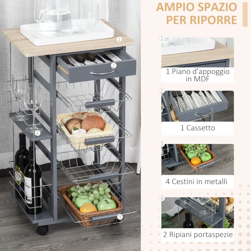 HOMCOM Carrello da Cucina in Grigio Scuro con 1 Cassetto e 4 Cestelli Metallici