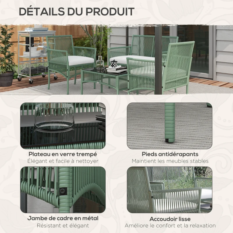 Outsunny Ensemble salon de jardin 4 pièces canapé 2 places 2 fauteuils 1 table basse plateau verre trempé