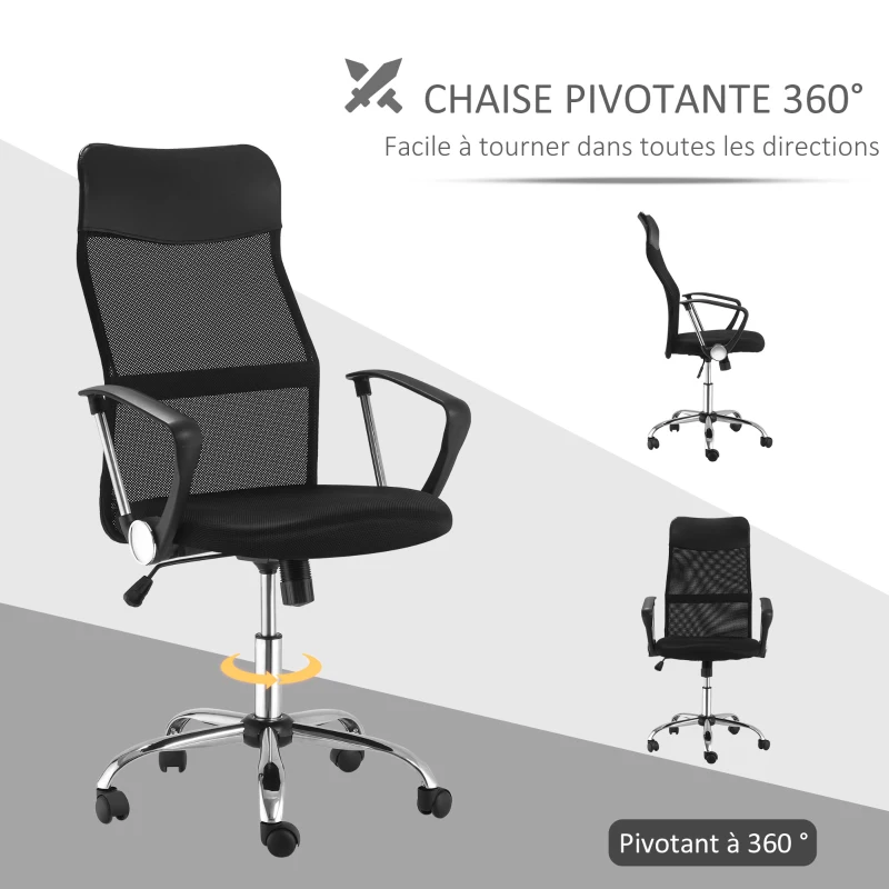 HOMCOM Lot de 2 fauteuils de bureau manager dossier ergonomique hauteur assise réglable pivotant tissu maille noir