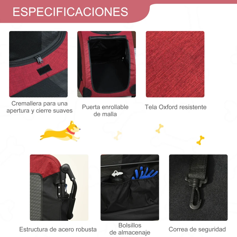 PawHut Cochecito para Mascotas Carrito para Perro Gatos 4 Ventanas Transpirables Buena Ventilación Puerta Grande Cojín Extraíble Carga 35 kg 98x82x110 cm Rojo