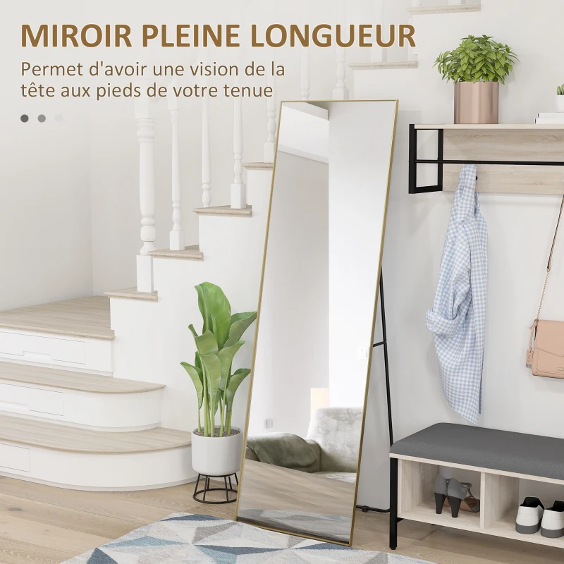HOMCOM Grand miroir pleine longueur rectangulaire, 50 x 160 cm, miroir sur pied, mural ou pocé contre mur, doré
