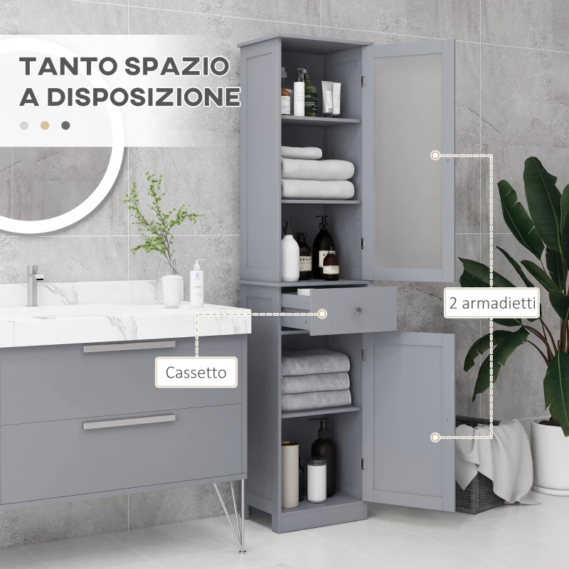 kleankin Mobile Colonna Bagno Salvaspazio con Armadietto, Cassetto e Ripiani in MDF, 40x27x171.5cm, Grigio