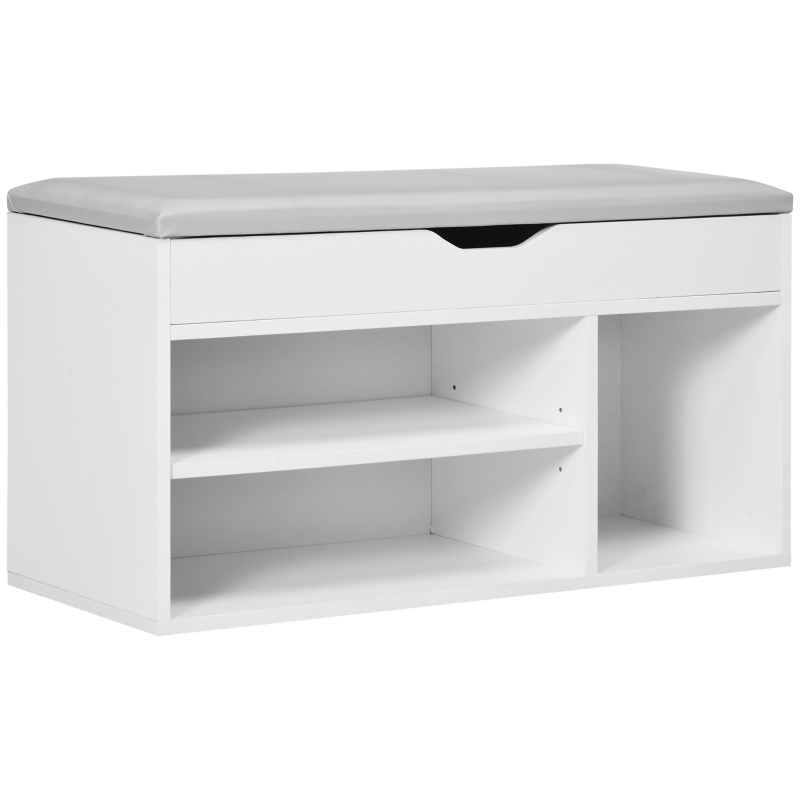HOMCOM Meuble Chaussures Banc à Chaussures 2 Niveaux Rangement, Niche + Coffre intégré avec Coussin Blanc