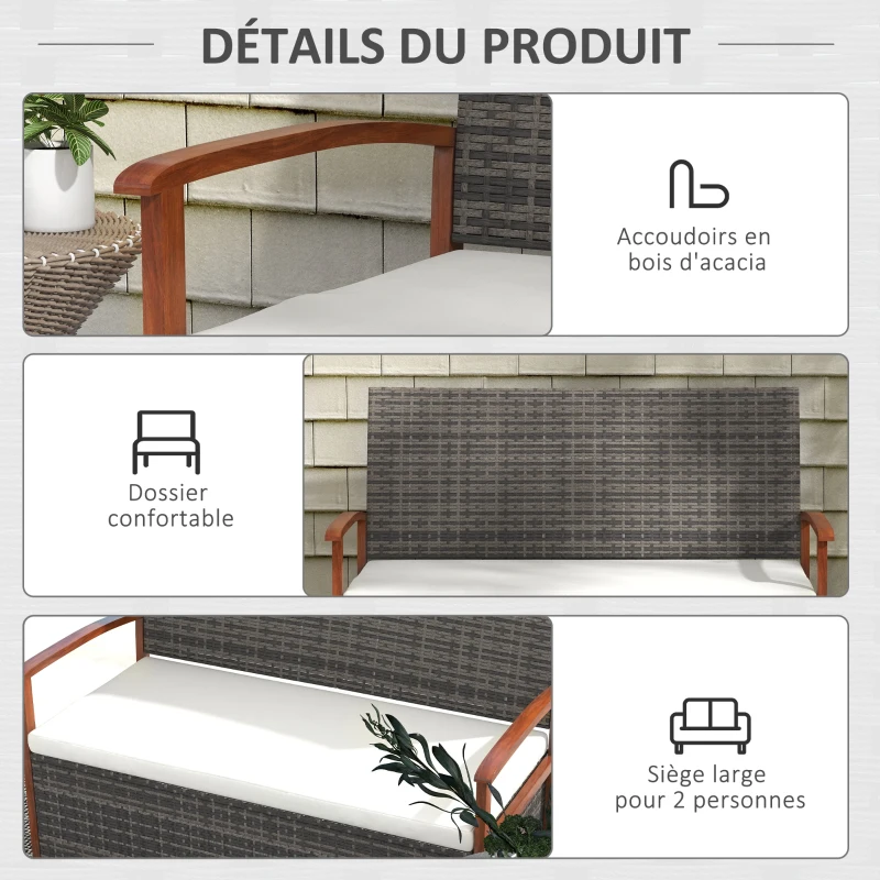 Outsunny Banc de jardin 2 places avec coussin d'assise rembourré - 2 en 1 avec coffre de rangement